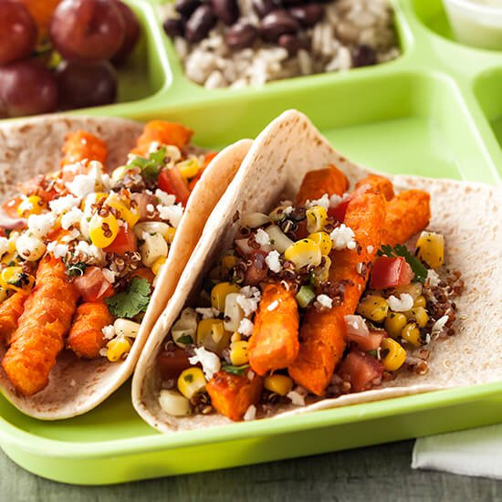Street Sweet Potato Tacos with Jalapeno CornQuinoa Pico, Guacamole